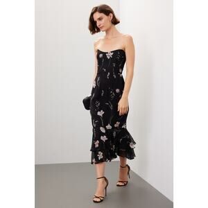 Katie May Nami Black Strapless Floral Print Chiffon Flounce Hem Midi Dress XS